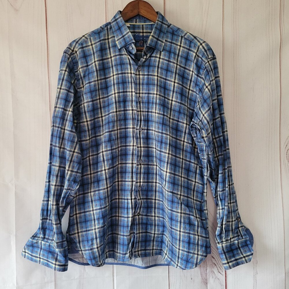 Luchiano Visconti Men’s L Long Sleeve Button-up Blue Plaid, 100% Cotton, EUC